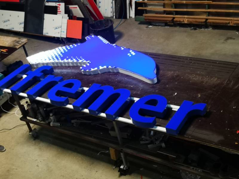 Enseigne lumineuse IFREMER réalisée par DECOGRAPH à La Seyne-sur-Mer – fabrication et pose de lettres lumineuses professionnelles sur bâtiment institutionnel.
